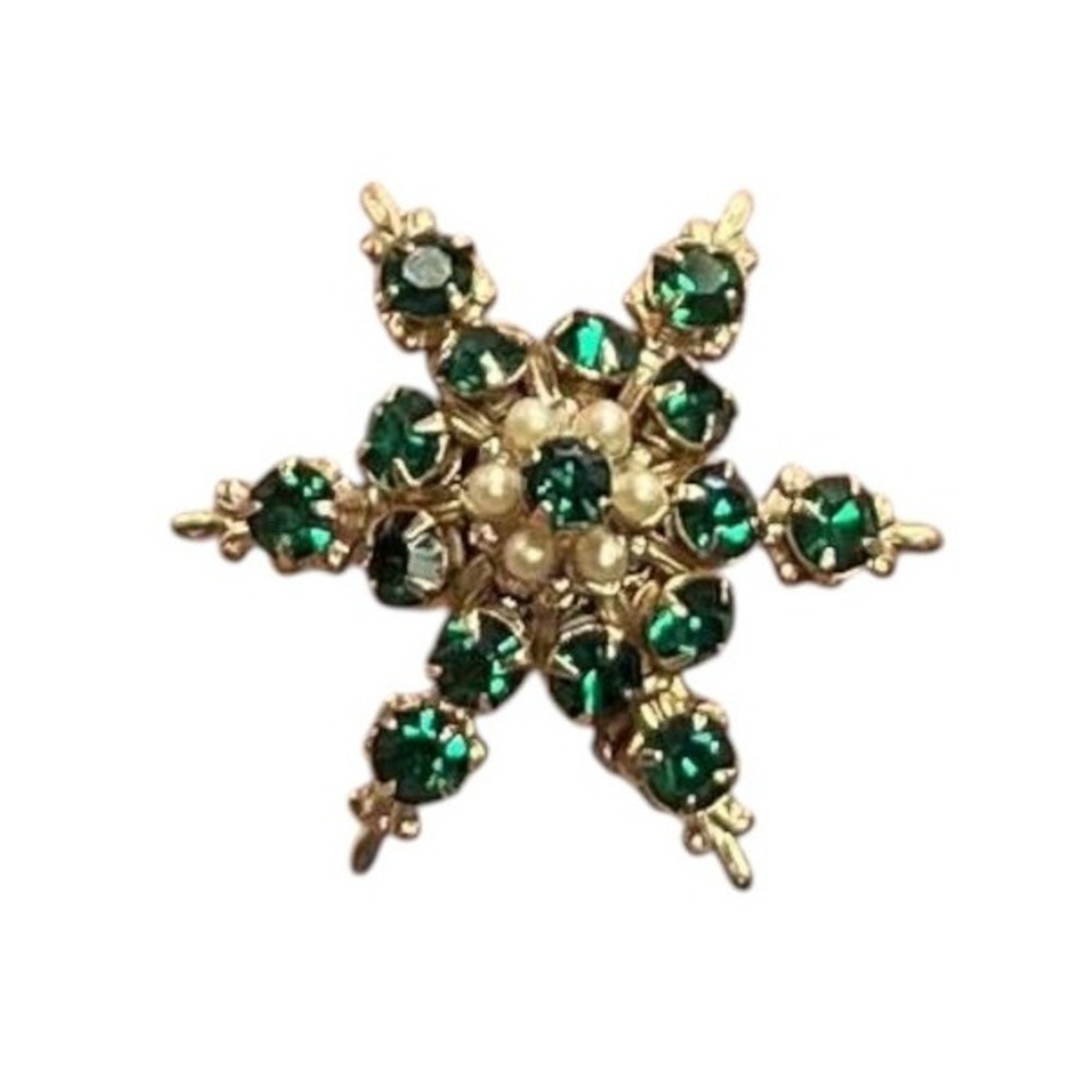 Vintage Dark Green Rhinestones Faux Pearl Gold Tone Star Burst Brooch Pin